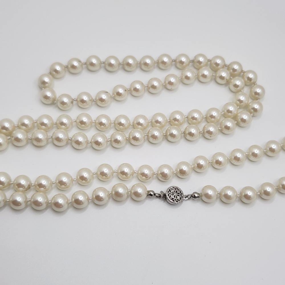 Vintage Faux Glass Pearl Necklace Opera Length 34 Inch Hand Knotted Old Money